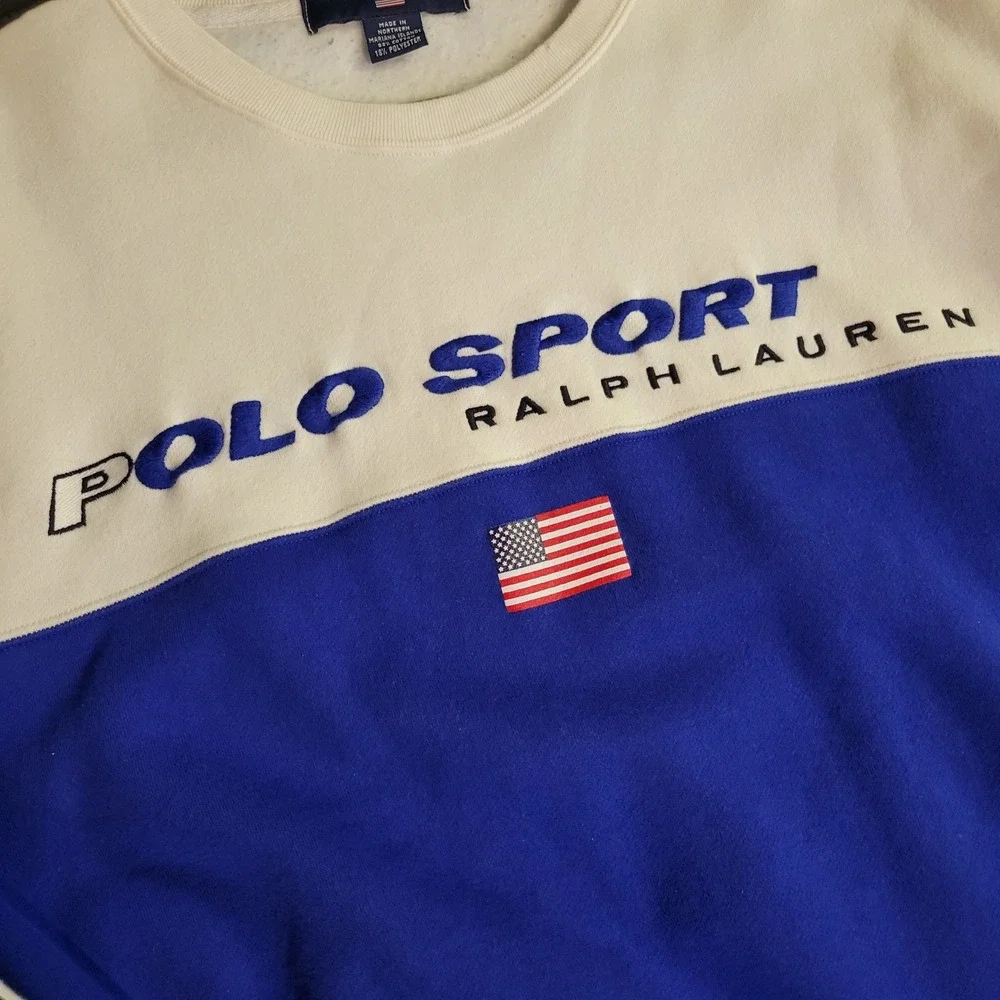 VTG Polo Sport Ralph Lauren Colorblock Logo Tape Sweatshirt Mens Large Blue RARE